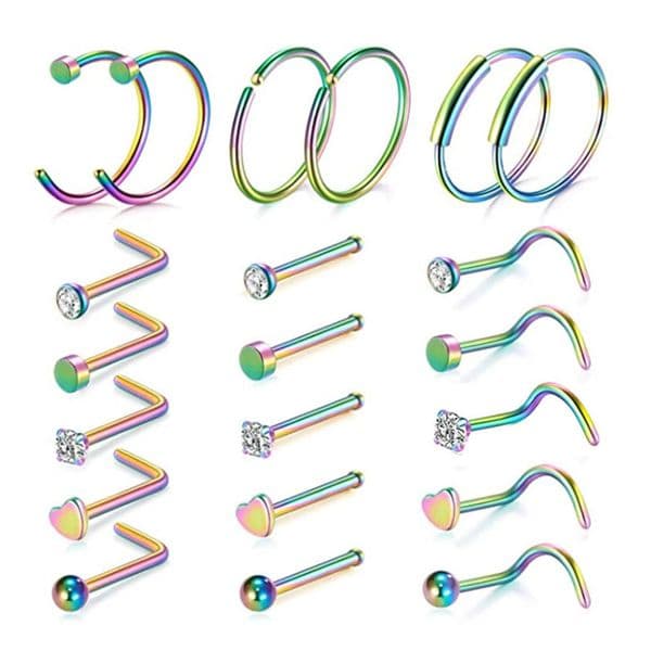 21pcs/Set Hoop Nose Ring Set Stainless Steel Gold Silver Black Nose Rings Body Jewelry Lip Titanium Piercing Stick Bar for Men Women Anti Allergy Lead and Nickel Free