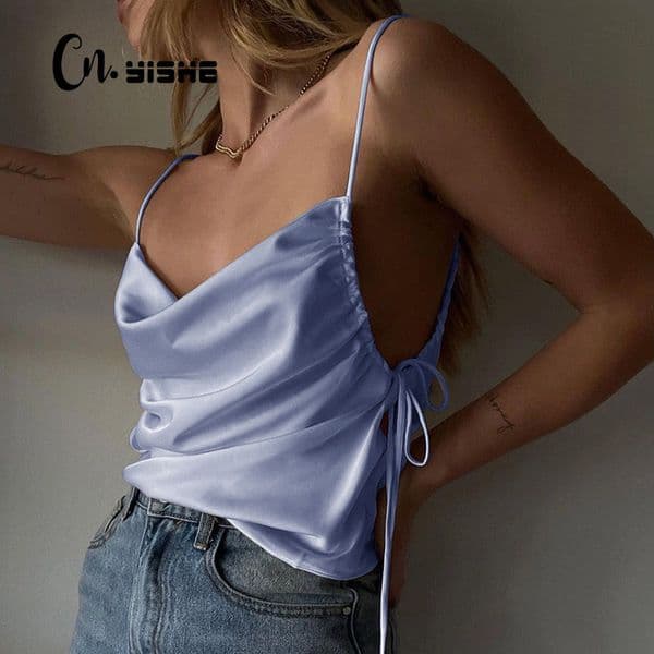 CNYISHE Sexy Women Sleeveless Satin Camisloes Elegant Female Wild Strap Tops Summer Streetwear Bandage Solid Camis Women Blusas 210419