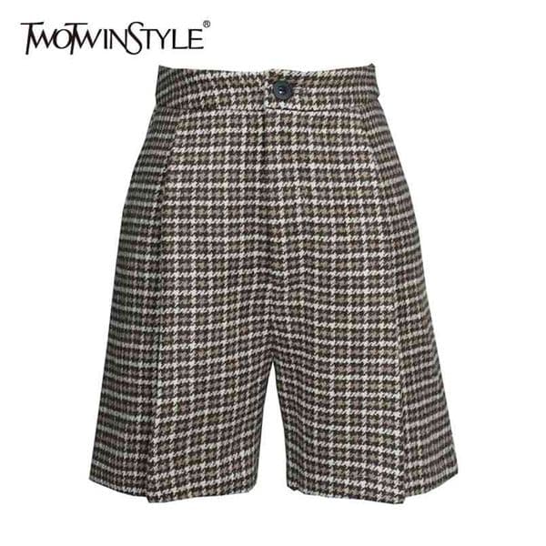 Plaid Tweed Casual Pants For Women High Waist Straight Wide Leg Trousers Female Fashion Autumn Clothing 210521