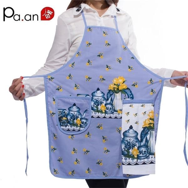Casual Home Kitchen Work Apron with Deep Pocket Towel Outside Anti-oil Cloth Inside Absorbent Cute Pattern Women Aprons 210629