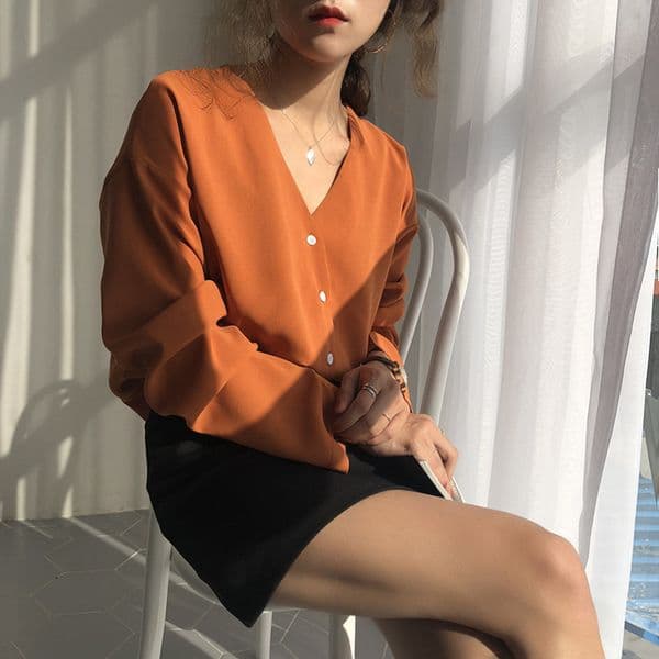 Vintage V-Neck Retro Loose OL Stylish Gentle All-Match Women Casual Sunscreen High Quality Solid Shirts 210421