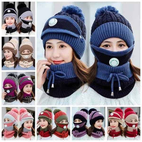 Stock Knitted Hats Masks Scarf Set Beanies With Valve Maks Scarf Winter Wool Pompon Casual Hat Sets Party Hats Neckerchiefs Supplies