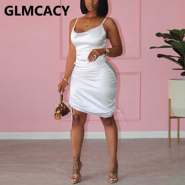 Women Spaghetti Strap Satin Dress Drawstring Detail Ruched Slim Party Club Dressses 210702