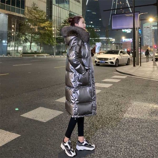 Winter Fashion Big Fur Collar Bright Face Down Padded Jacket Women Mid-length Over-the-knee Thick Coat Jackets 211216