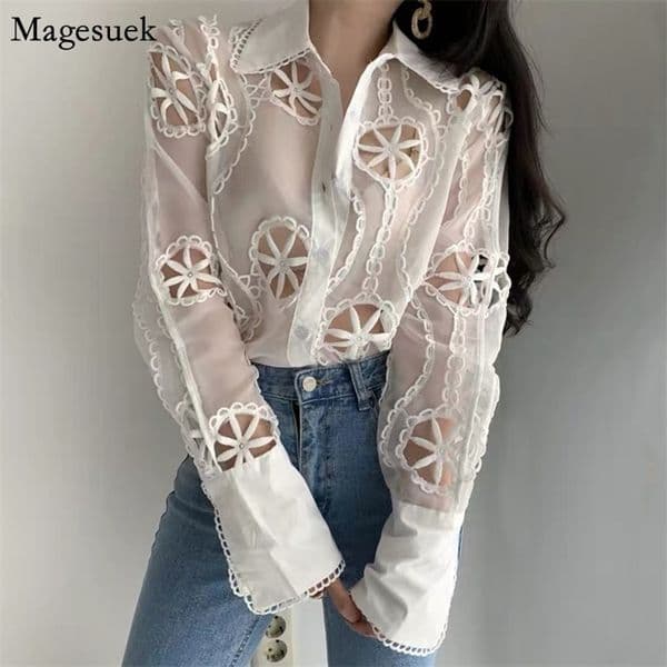 Spring Long Sleeve White Blouse Women Sexy Hollow Out Floral Embroidery Female Shirt Tops Vintage Loose Casual Blouses 13369 210512