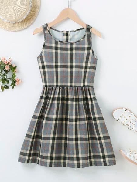 Girls Plaid Print Sleeveless Dress SHE