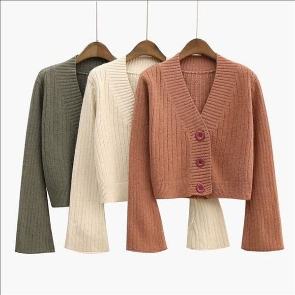 Cardigan Autumn Long Flare Sleeve Short Sweater Women Ribbed Knitted Cotton Tops Black White Ladies Soft Outwear Female 210908