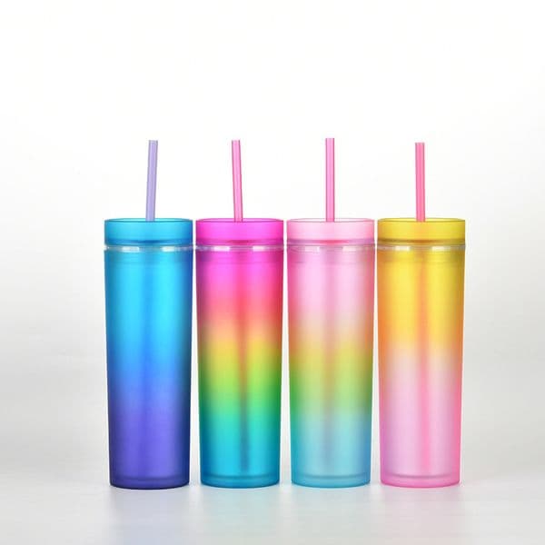 16oz Skinny Tumblers Slim Coffee Mugs Gradient Rainbow Water Cup Double Wall Reusable With Lid and Plastic Straw Beer Drinking