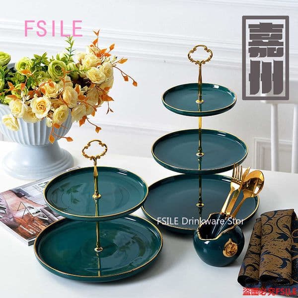 Nordic peacock green two-layer plate three-layer ceramic fruit living room display western restaurant cake 211012