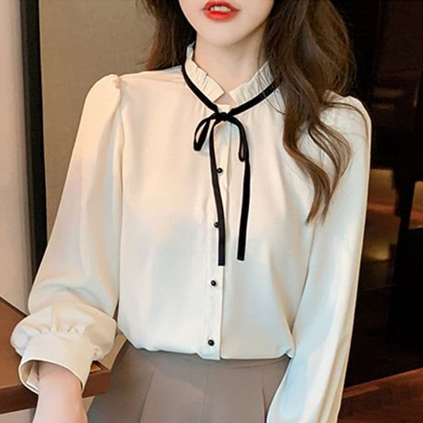 Women's Apricot Chiffon Blouse With Stand Collar Elegant Long Sleeve Shirt | Fashionable Tops For Women B3