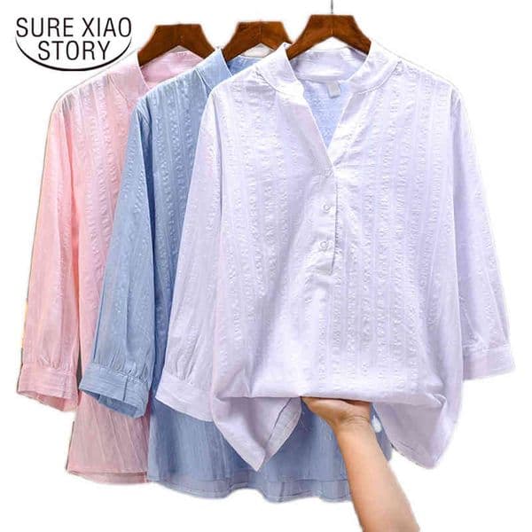 Casual V Neck Plus Size Shirts Autumn Solid Cotton Blouse Women Loose Ladies Tops Clothing Blusas Mujer 12399 210415