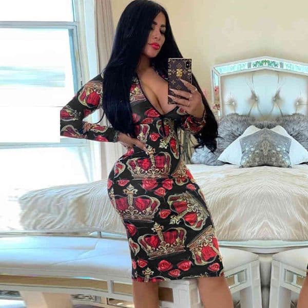 NewAsia Printed Zipper Sexy Dress Women Long Sleeve Midi Bodycon Dress V Neck Elegant Party Dresses Knee Length Vestidos De Fest 210413