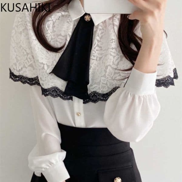 Lace Ruffle Women Blouse Spring Bowknot Stand Neck Long Sleeve Blusas Femme Causal Korean Elegant Shirt 6F417 210603