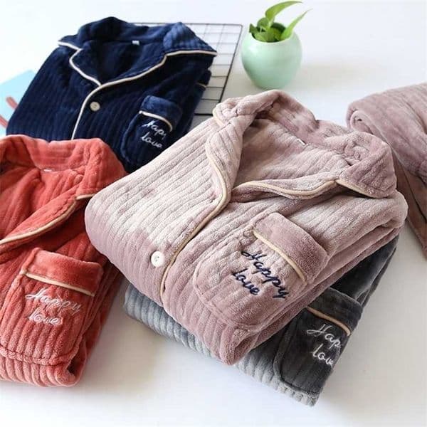 winter thickened flannel couple pajamas suit men and women coral fleece warm home service set simple two piece sleepwear 211215Y