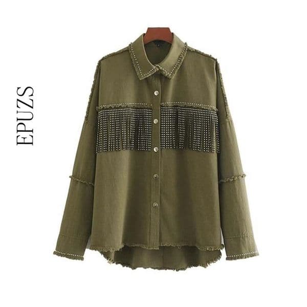 Winter coats and jackets women beading tassel black denim jacket long sleeve overcoat outwear oversized jeans 210521