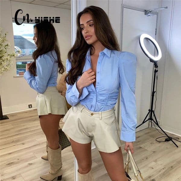 CNYISHE Sexy Office Lady Puff Sleeve Shirts Women Blouses Fashion Casual Long Sleeve Button Regular Blouse Female Top Blusa 210419