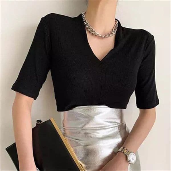 Black Slim Short Sleeves Elastic Stylish Basewear Office Lady Streetwear Tops Femme Casual Prom Basic T-Shirts 210421
