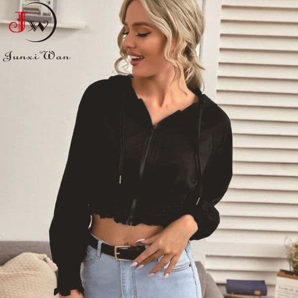 Women Black Hooded Short Hoodie Sweatshirts Spring Autumn Fashion Slim Ladies Zip-up Jacket Tops 210510