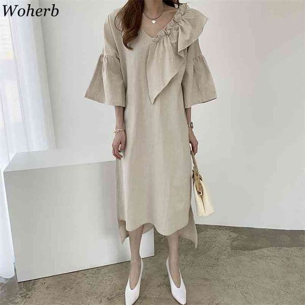 Vintage Elegant Solid Dress Summer Ruffle Patch es Flare Sleeve V-neck Asymmetrical Long Vestidos 210519