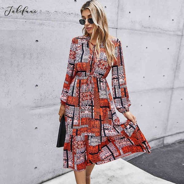 Women Dress Autumn Spring Fashion Vintage Boho Print Casual Black Long Sleeve Drawstring Long Dresses Fall Women Clothing 210415
