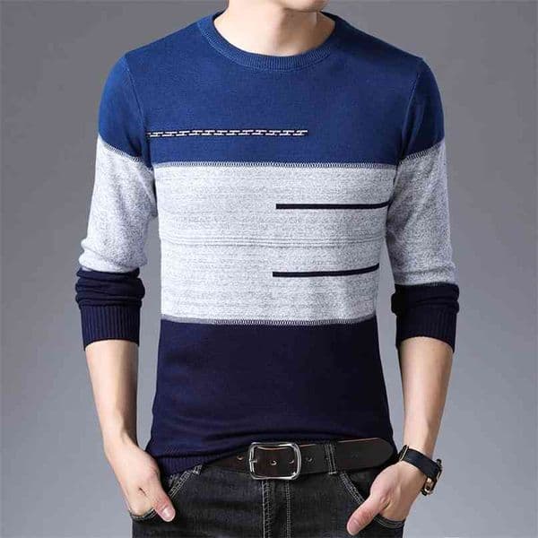 Autumn Winter Pullover Men Round Collar Striped Cotton Sweaters Slim Fit Pull Homme Knitwear 210820