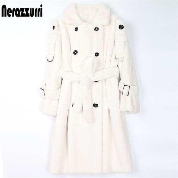 Nerazzurri Long Warm Fluffy Faux Fur Trench Coat for Women Double Breasted Pink White Green Winter Korean Fashion Belt 2022 211123