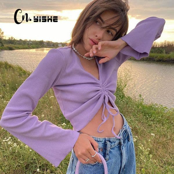 CNYISHE Long Sleeve V-Neck Bandage Sexy Crop Top Women T-shirt Tees Fashion Ruched Lace Up Streetwear Tshirts Female Blusas 210419