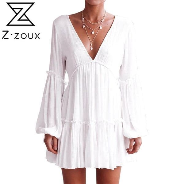 Women Dress Deep V Neck Backless Sexy es Lantern Sleeve Short White Plus Size Bohemian es Summer 210513