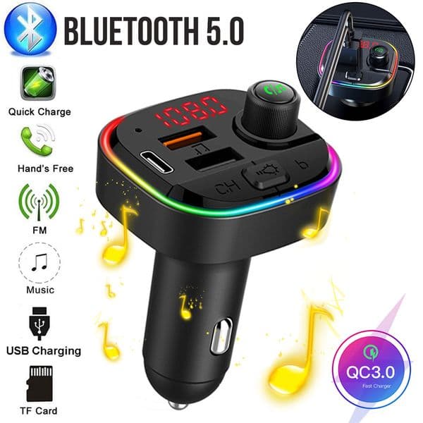 FM Transmitter Bluetooth 5.0 Wireless Car Kit 18W PD QC3.0 Fast Charger with MP3 Player Colorful RGB Backlight Auto Charging