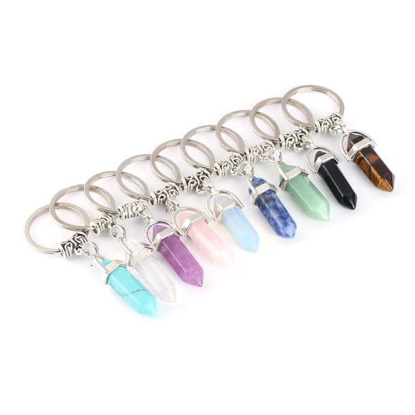 Natural Stone hexagonal prism Keychains Silver Color Healing Pink Crystal Car Decor key rings Keyholder for Women Men