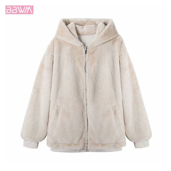 Fashion Faux Fur Windproof Warm Hooded Long Sleeves Women's Jacket Coat Vintage Plush Solid Color Loose Pilot Chic Tops Female 210507