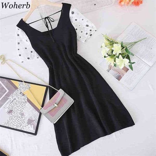 Dress Women Korean Elegant Black Robe Patchwork Gauze Short Sleeve Mini Dresses Retro Temperament V Neck Slim Vestidos 210519