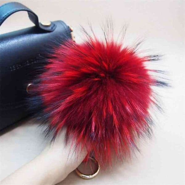 16cm Fluffy Real Raccoon Fur Ball PomPom Plush Size Genuine Fur Keychain Metal Ring Pendant Bag Charm K042-red 210409