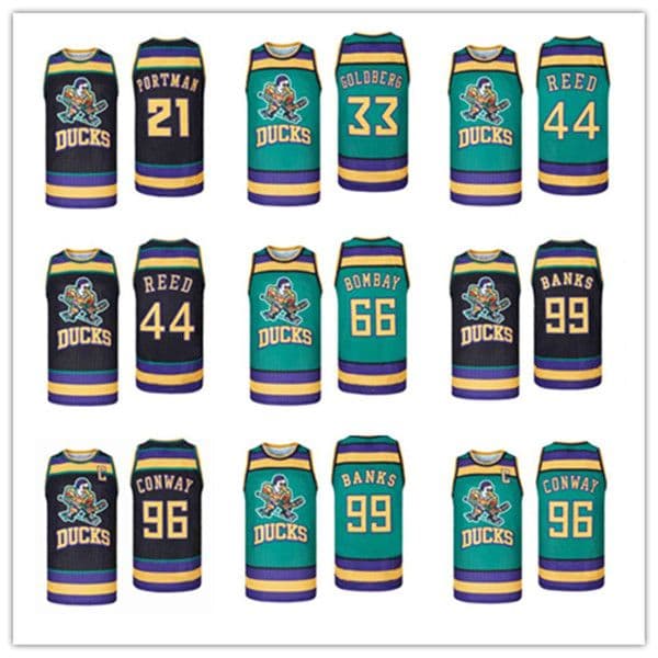 Man Printed Hot Press Mighty Ducks Basketball Jerseys Maillots de 96 Charlie Conway 99 Adam Banks 21 Dean Portman 44 Fulton Reed 33 Greg Goldberg 66 Gordon Bombay
