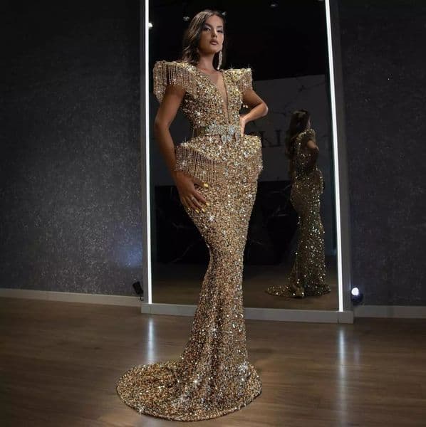 Newest Arrival 2021 Sleeveless Gold Mermaid Evening Dresses Gowns For Woman Night Wear Party Plus Size Abendkleider