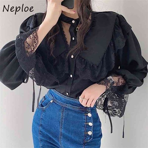 Elegant Lace Patchwork Hook Flower Blouse Women Turn Down Collar Long Sleeve Single Breast Blusas Spring Shirt 210422Z