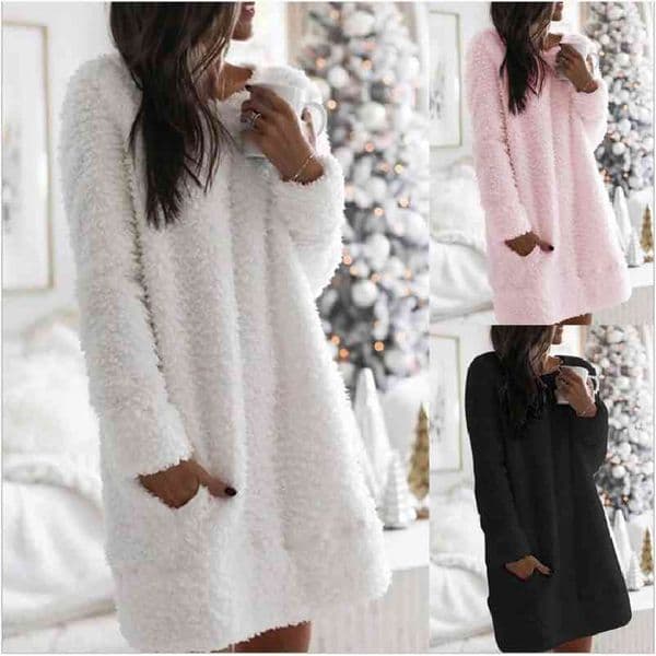 Round Neck Simple Fashion New Casual Straight Plush Women Dress Autumn and Winter Comfortable Plush Warm Dresses Vestidos 210329