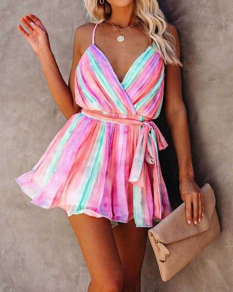 Women Fashion Casual Short Dress V neck Tie Front Spaghetti Strap Rainbow Color Backless Cami Mini Dress 210716