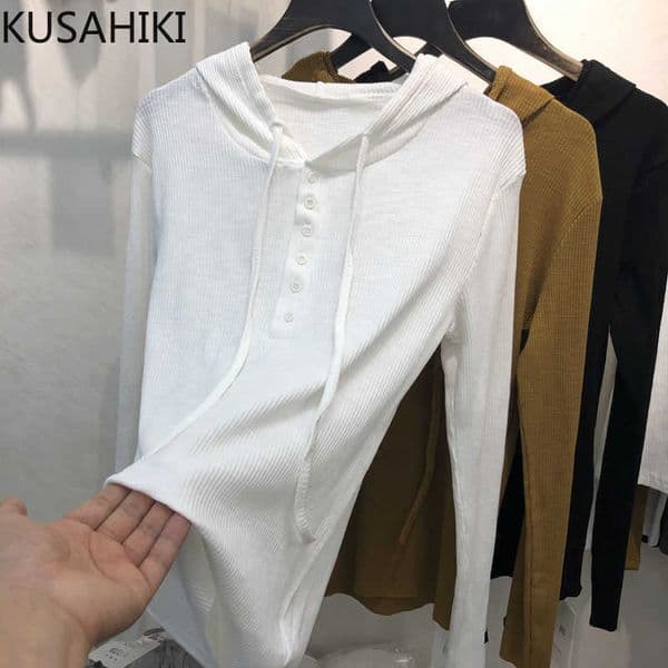 Knitted Hooded Sweatshirt Causal Long Sleeve Solid Basic Pullover Hoodies Spring Thin Women Jumpers 6G099 210603