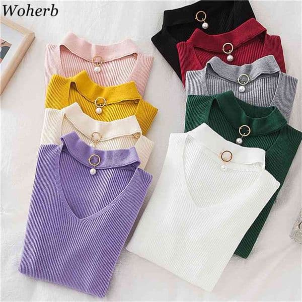 Basic V-neck Beading Solid Autumn Winter Sweater Pullover Women Knitted Sweaters Slim Stretch Badycon Jumper Mujer 210519