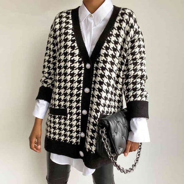 Ladies Houndstooth Autumn Winter Cardigans Women Sweater Coat Knitted Loose Oversized Women Sweaters Jacket Jumper Female Tops 210416