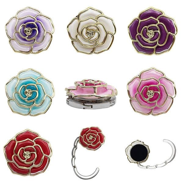 Home Decor Fashionable Metal Hanging Practical Rose Shape Foldable Bags Hook Portable Table Handbag Hooks Hang Bag buckle Promotional Gift ZL0030