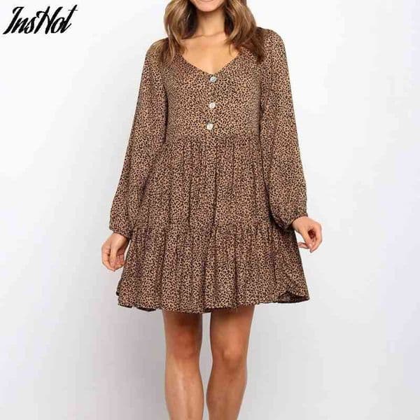 Leopard Print V Neck Chiffon Dress For Women Spring Long Sleeve Sexy Party Dress Clothes Summer Casual Beach Dress 210514