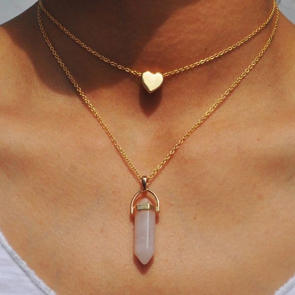 Natural Stones Heart Necklace Fashion Crystal Quartz Chakra Bullet Hexagonal Prism Point Healing Pendant Necklaces Double Layer Go