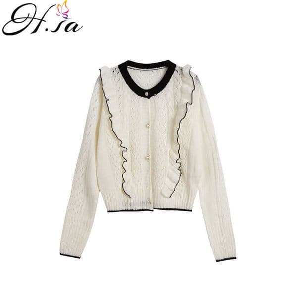 H.SA Autumn Fashion Sweater Cardigans Round neck Ruffles White Knit Jumpers Long Sleeve Vintage Chic Hollow Out Knit Cardigans 210716