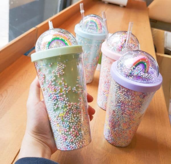 The latest 186OZ double-layer plastic straw coffee mug rainbow sequin star glitter powder style water cup support custom M260225