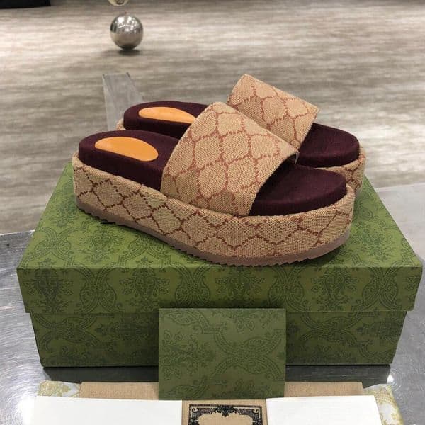 Women Designers Slipper Slide Sandal Floral Brocade Heightening Thick Soled Bottoms Fashion Beach Thick-soled Slippers Causal with Box