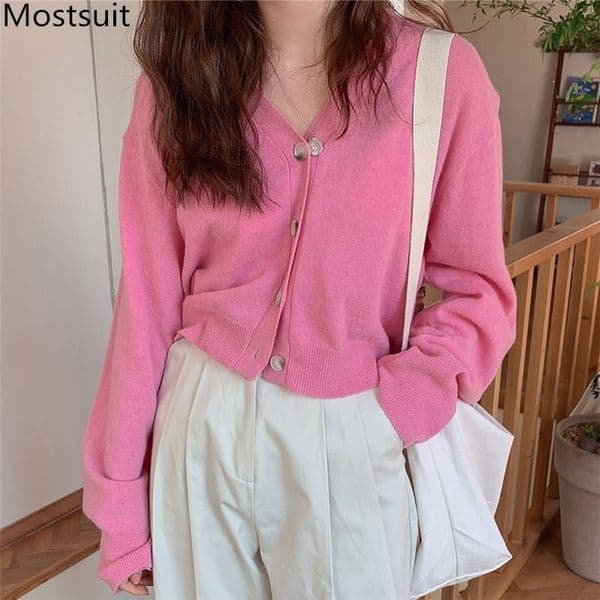 V-neck Single-breasted Women Cardigan Full Sleeve Solid Loose Soft Sweater Korean Vintage Fashion Ladies Jumpers Tops Femme 210514