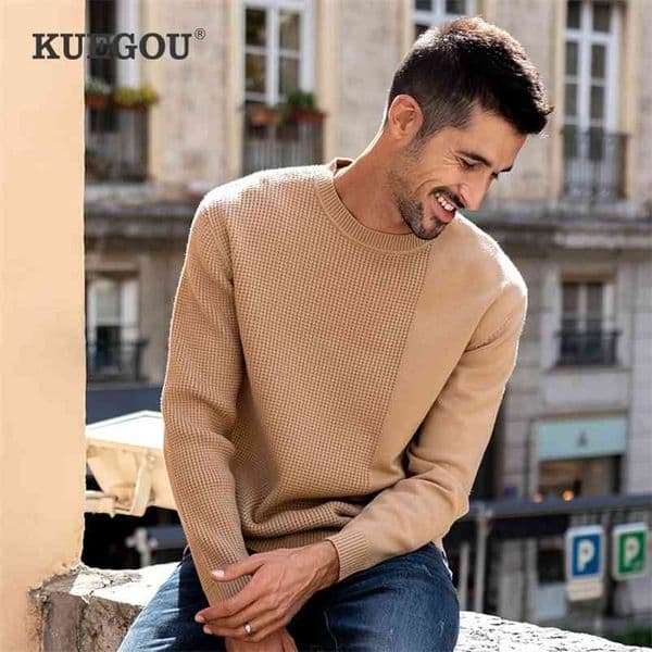 KUEGOU Autumn Winter Clothing Mens Sweater Warm Pullovers Sweaters Khaki Man Knitted Jacquard Fashion Top Plus Size YYZ-2202 210818