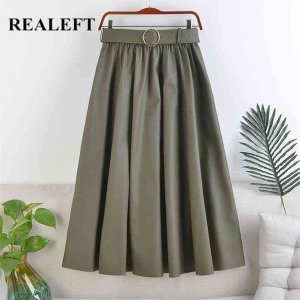 REALEFT Autumn Winter Faux PU-leather mi-long Skirts with Belt High Waist Elegant New A-line Chic Mid-calf Umbrella Skirts 210412Z